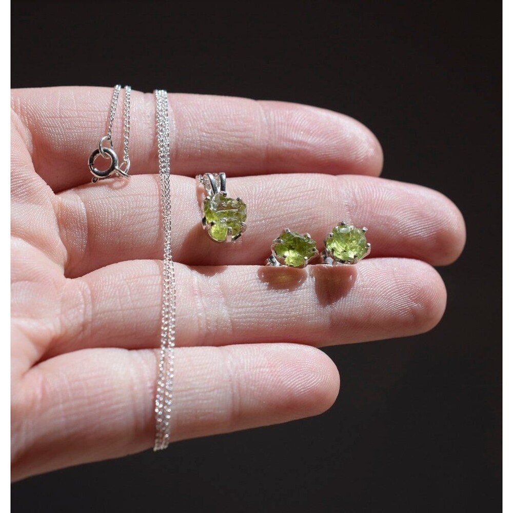 Raw Peridot Earrings and necklace, Rough Peridot Jewelry Natural Peridot Earring